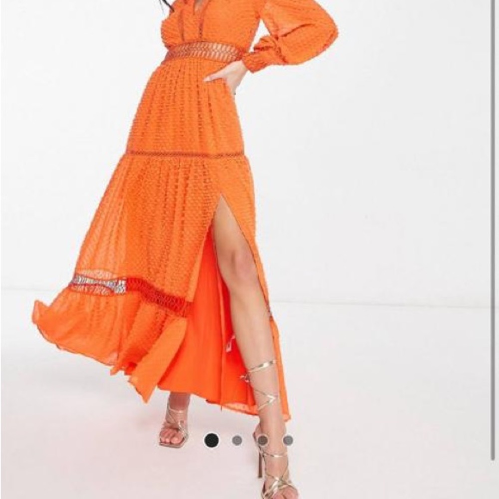 Orange cocktail maxi dress from ASOS. Size 6, new with tags, NEVER WORN. $100